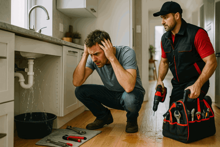 customer and plumber looking at leaking drain pipe
