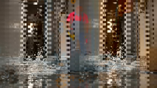 Plumber looking at water spill