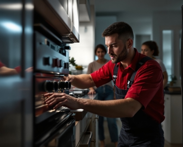 Worker inspecting gas lines on stove